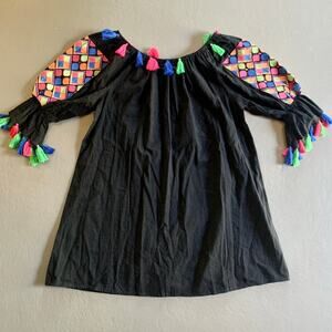 Velzera Black Cotton Fringe Tunic Top Mini Dress 2XL Tasseled Flowy